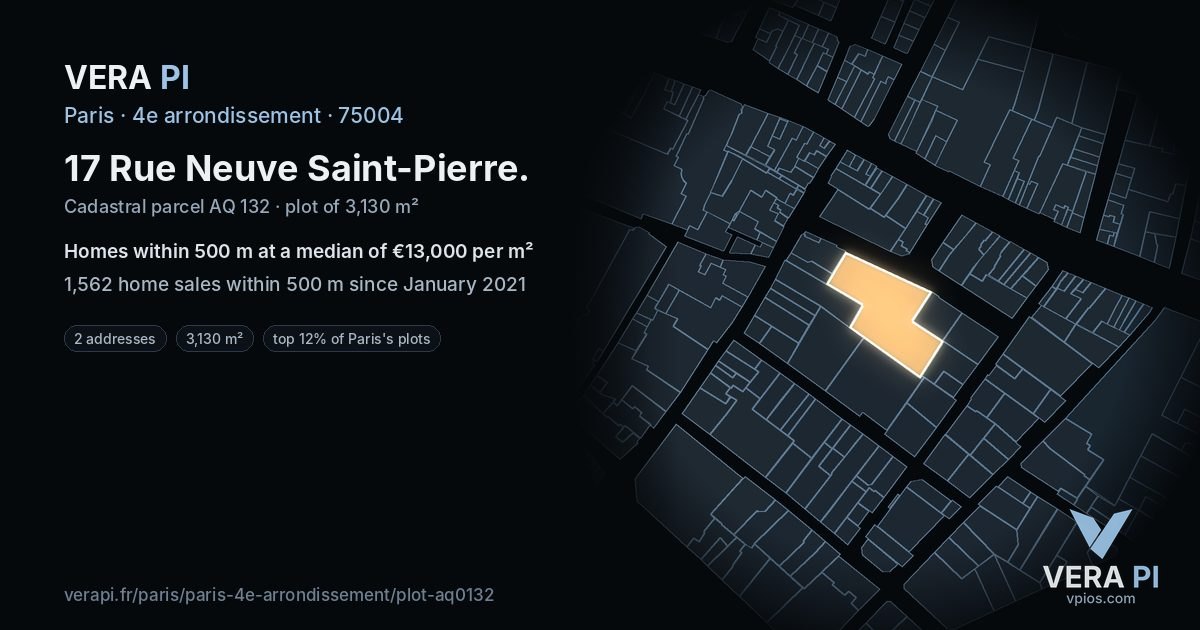 17 Rue Neuve Saint-Pierre, 4e arrondissement at night – the plot lit, the parcels around coloured by the prices near them