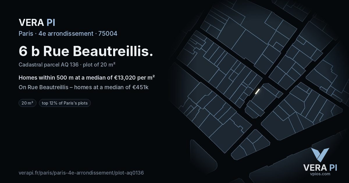 6 b Rue Beautreillis, 4e arrondissement at night – the plot lit, the parcels around coloured by the prices near them