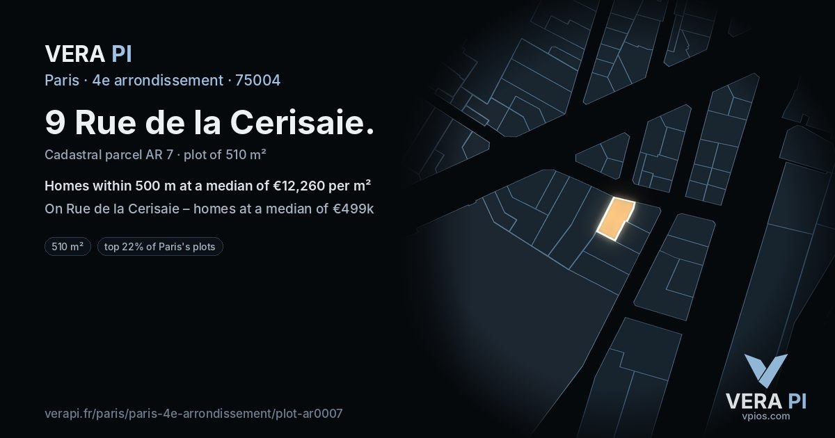 9 Rue de la Cerisaie, 4e arrondissement at night – the plot lit, the parcels around coloured by the prices near them