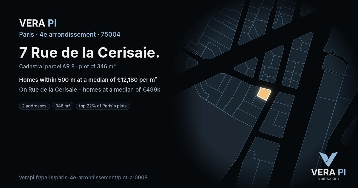 7 Rue de la Cerisaie, 4e arrondissement at night – the plot lit, the parcels around coloured by the prices near them