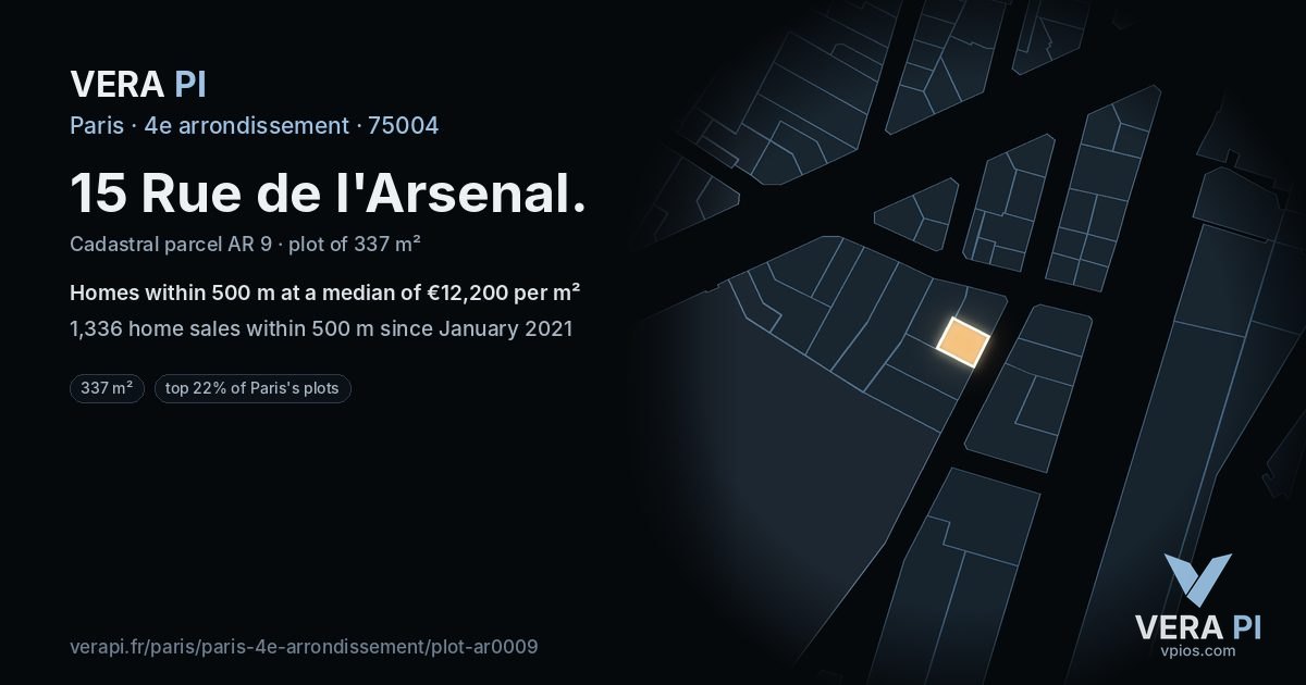 15 Rue de l'Arsenal, 4e arrondissement at night – the plot lit, the parcels around coloured by the prices near them