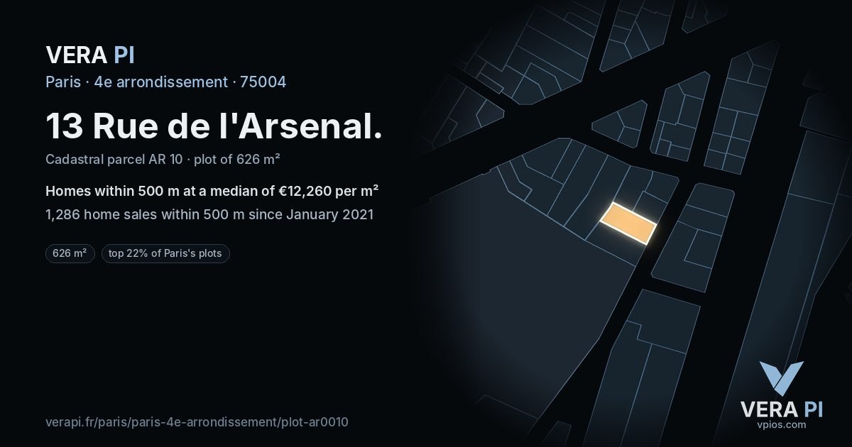 13 Rue de l'Arsenal, 4e arrondissement at night – the plot lit, the parcels around coloured by the prices near them