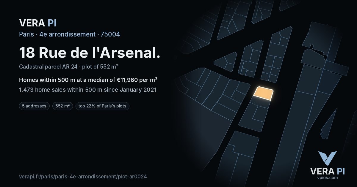 18 Rue de l'Arsenal, 4e arrondissement at night – the plot lit, the parcels around coloured by the prices near them
