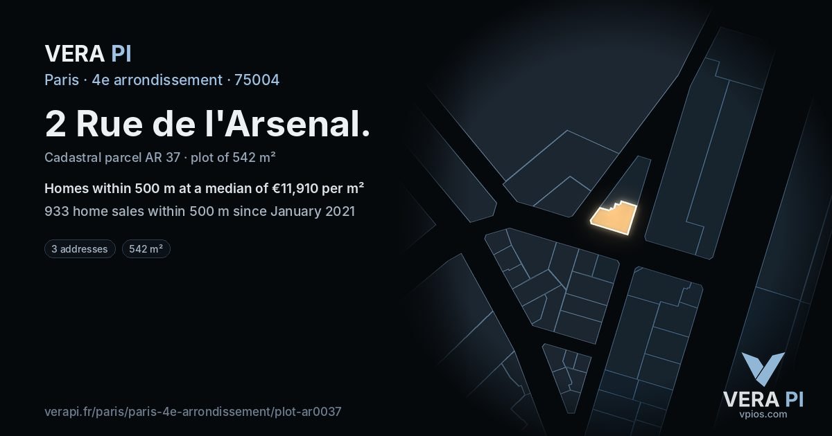 2 Rue de l'Arsenal, 4e arrondissement at night – the plot lit, the parcels around coloured by the prices near them