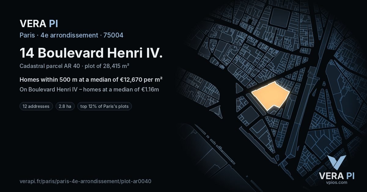 14 Boulevard Henri IV, 4e arrondissement at night – the plot lit, the parcels around coloured by the prices near them
