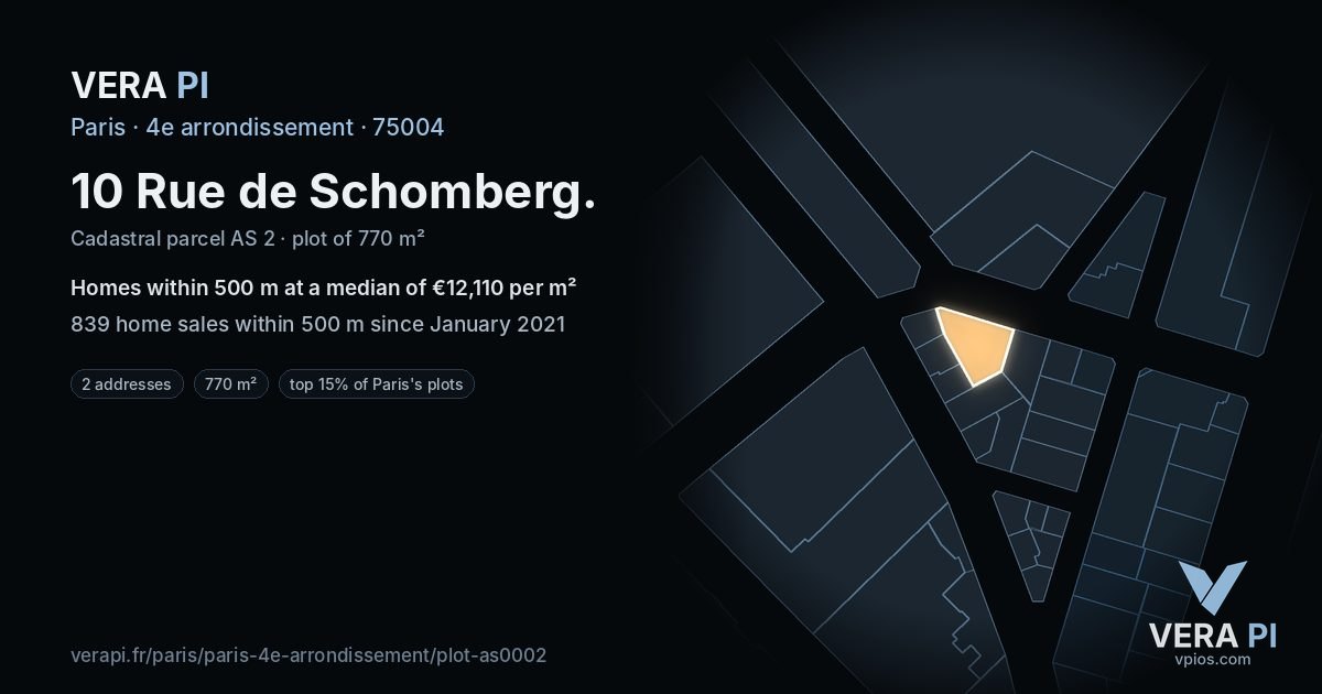 10 Rue de Schomberg, 4e arrondissement at night – the plot lit, the parcels around coloured by the prices near them