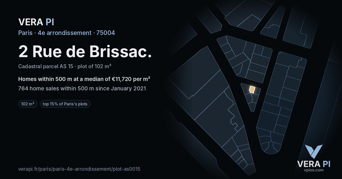 2 Rue de Brissac, 4e arrondissement at night – the plot lit, the parcels around coloured by the prices near them