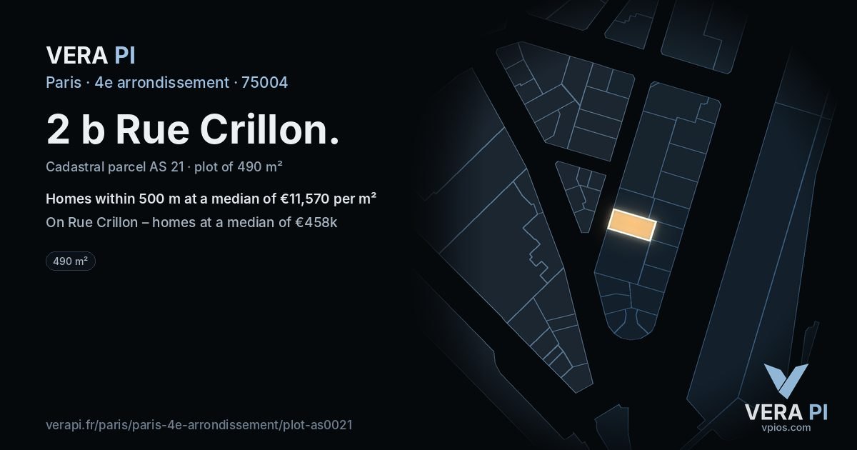 2 b Rue Crillon, 4e arrondissement at night – the plot lit, the parcels around coloured by the prices near them