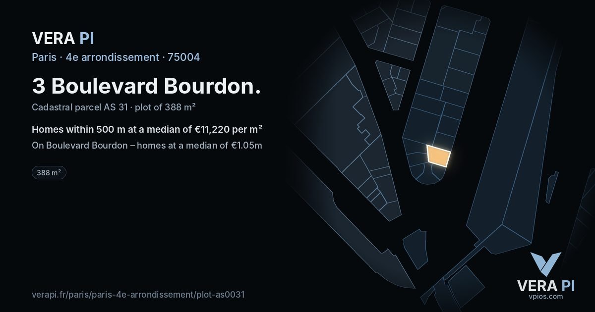 3 Boulevard Bourdon, 4e arrondissement at night – the plot lit, the parcels around coloured by the prices near them