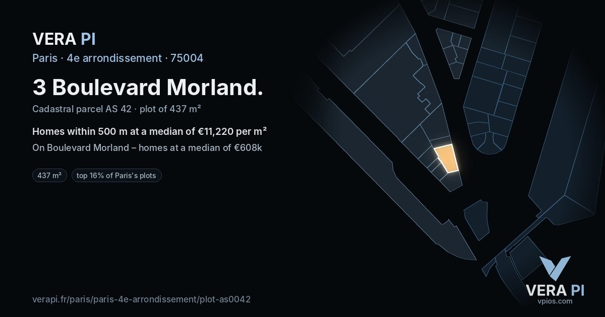 3 Boulevard Morland, 4e arrondissement at night – the plot lit, the parcels around coloured by the prices near them