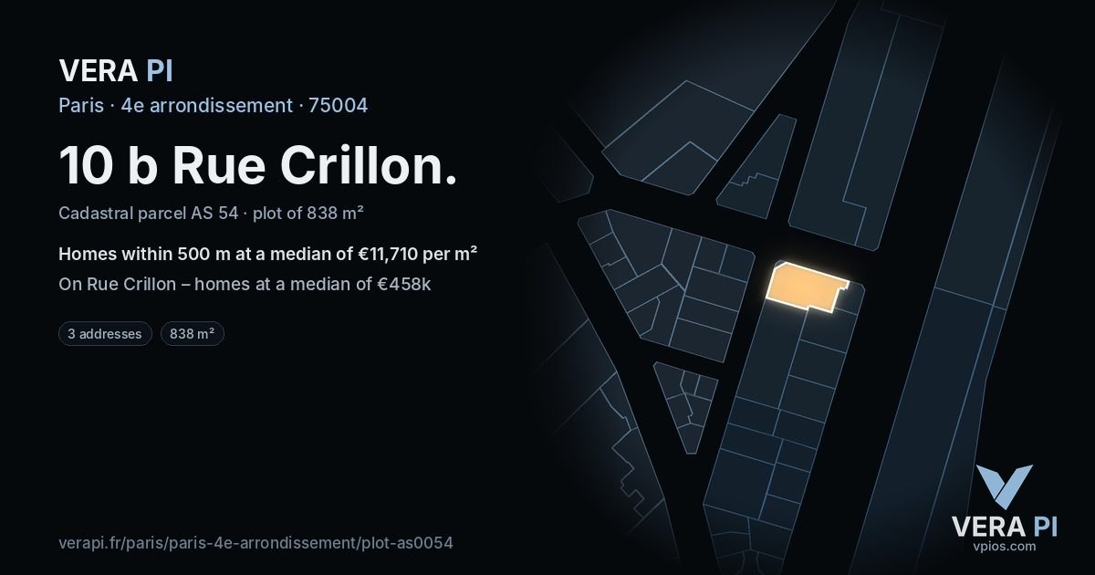 10 b Rue Crillon, 4e arrondissement at night – the plot lit, the parcels around coloured by the prices near them