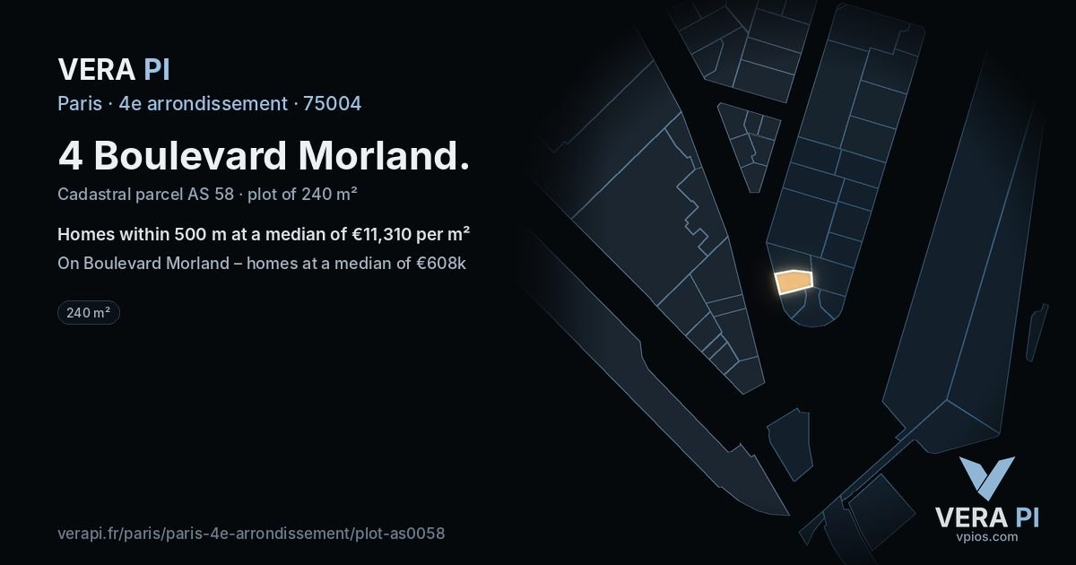 4 Boulevard Morland, 4e arrondissement at night – the plot lit, the parcels around coloured by the prices near them