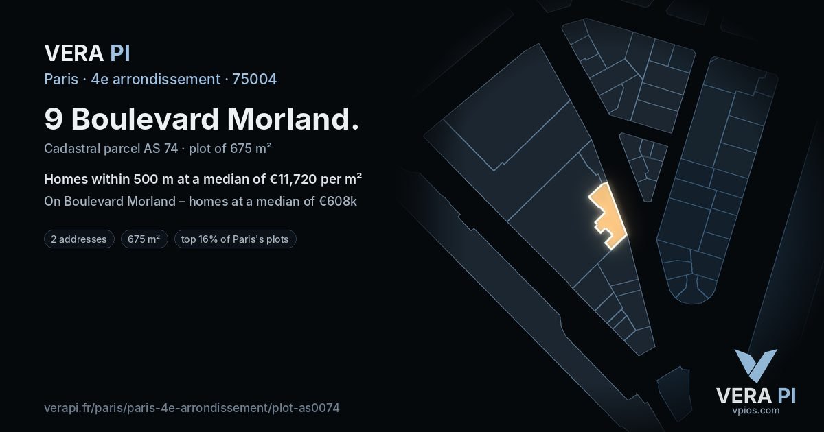 9 Boulevard Morland, 4e arrondissement at night – the plot lit, the parcels around coloured by the prices near them