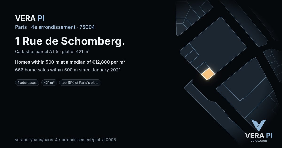 1 Rue de Schomberg, 4e arrondissement at night – the plot lit, the parcels around coloured by the prices near them