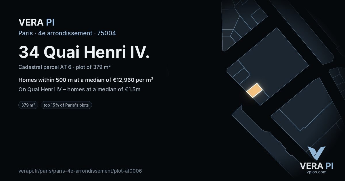 34 Quai Henri IV, 4e arrondissement at night – the plot lit, the parcels around coloured by the prices near them