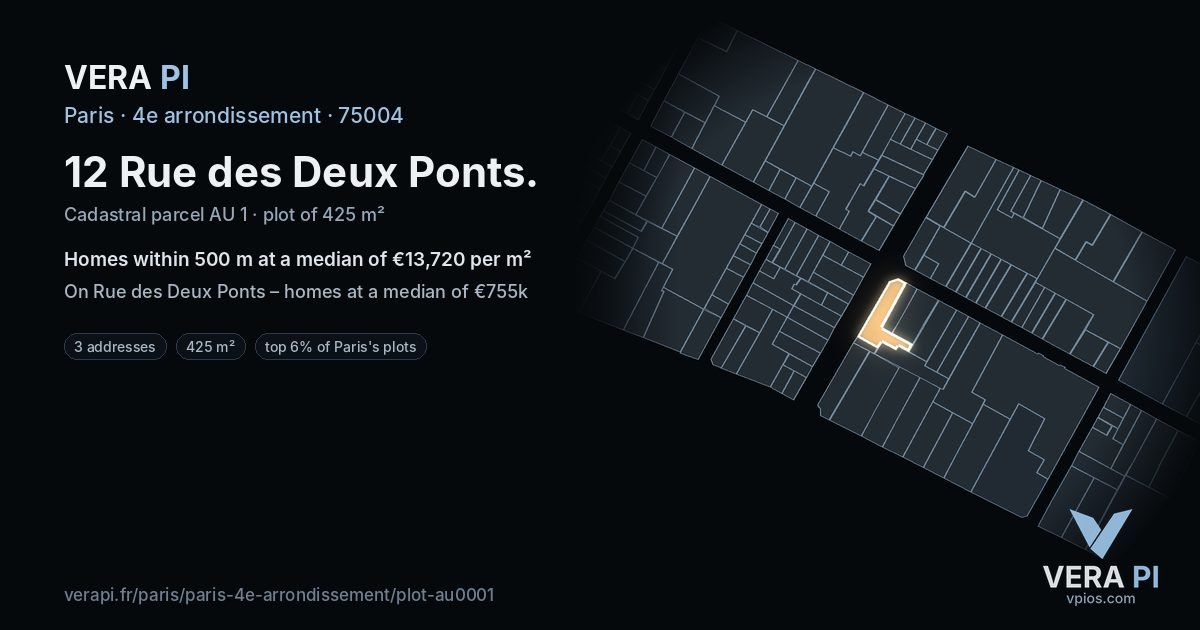 12 Rue des Deux Ponts, 4e arrondissement at night – the plot lit, the parcels around coloured by the prices near them