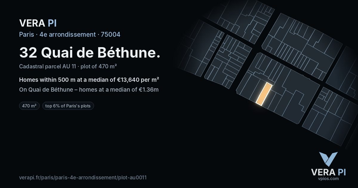 32 Quai de Béthune, 4e arrondissement at night – the plot lit, the parcels around coloured by the prices near them