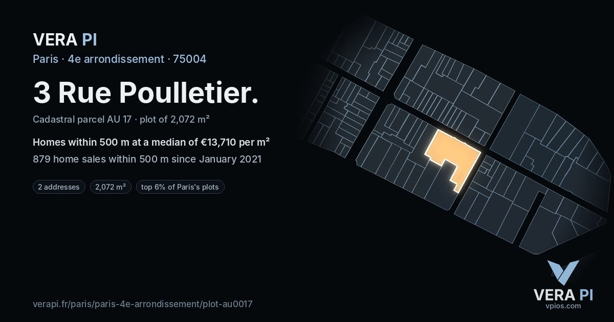 3 Rue Poulletier, 4e arrondissement at night – the plot lit, the parcels around coloured by the prices near them