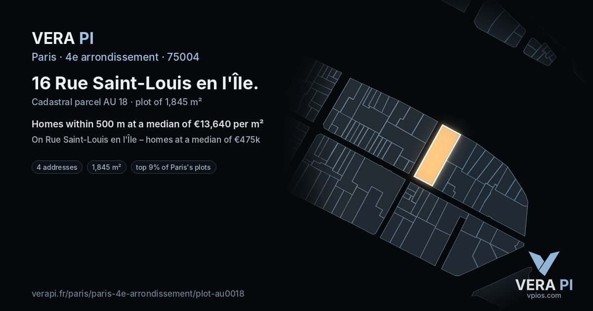 16 Rue Saint-Louis en l'Île, 4e arrondissement at night – the plot lit, the parcels around coloured by the prices near them