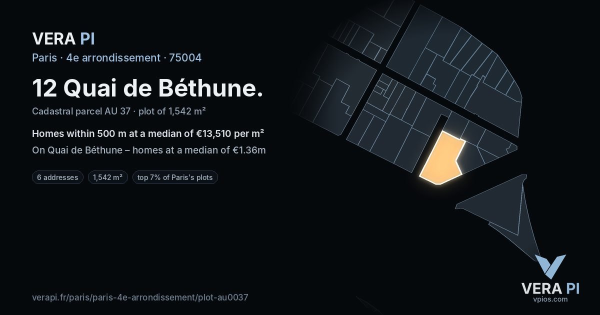 12 Quai de Béthune, 4e arrondissement at night – the plot lit, the parcels around coloured by the prices near them
