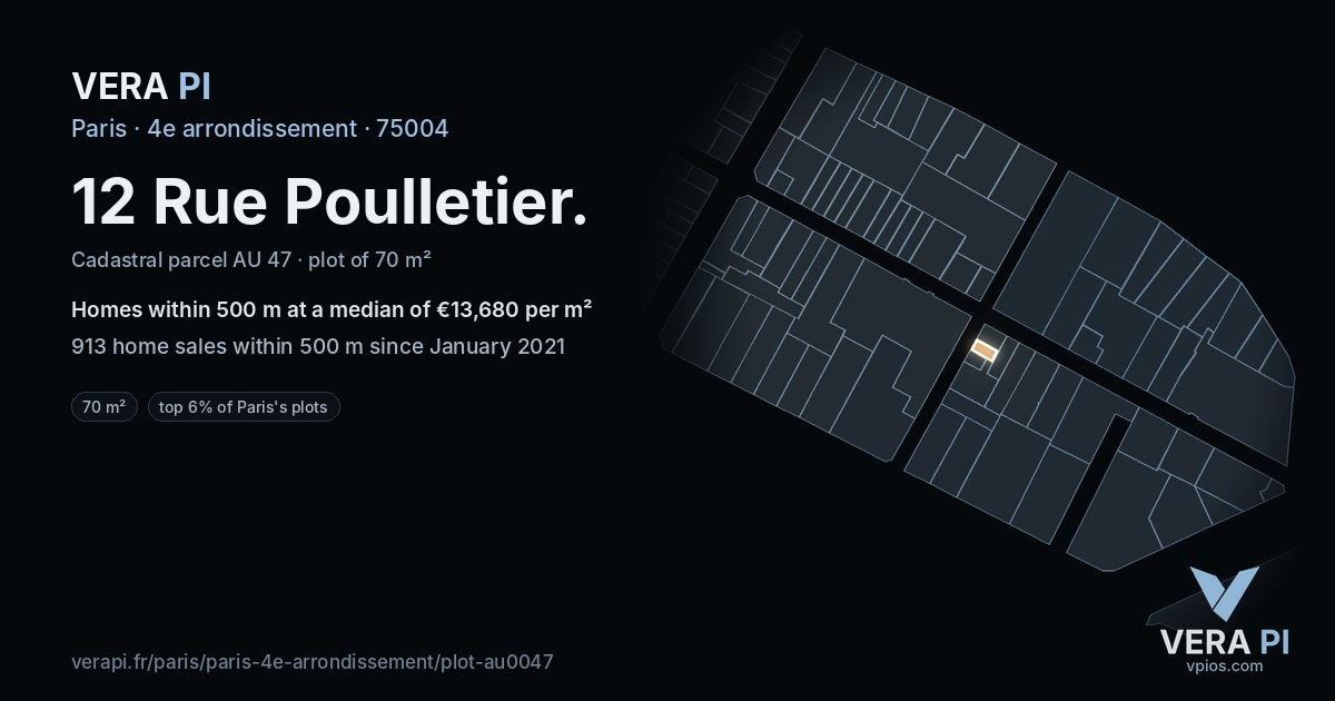 12 Rue Poulletier, 4e arrondissement at night – the plot lit, the parcels around coloured by the prices near them