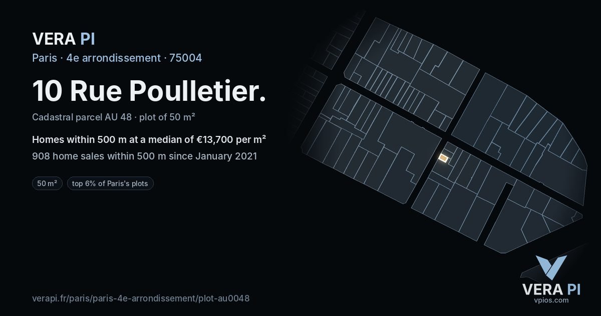 10 Rue Poulletier, 4e arrondissement at night – the plot lit, the parcels around coloured by the prices near them