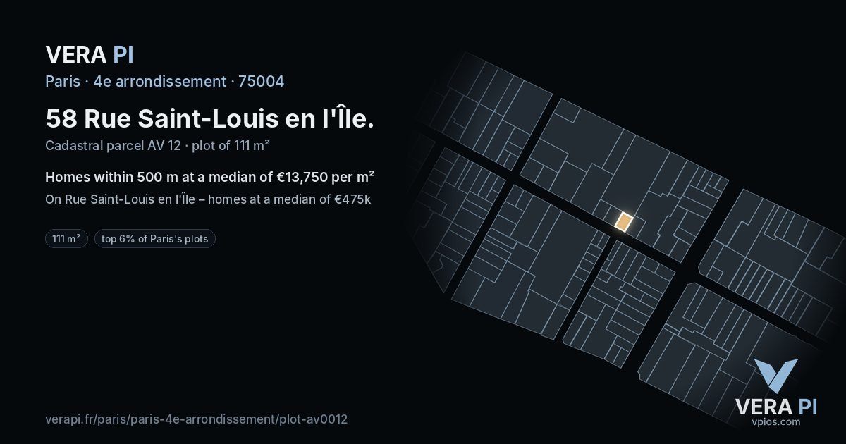 58 Rue Saint-Louis en l'Île, 4e arrondissement at night – the plot lit, the parcels around coloured by the prices near them