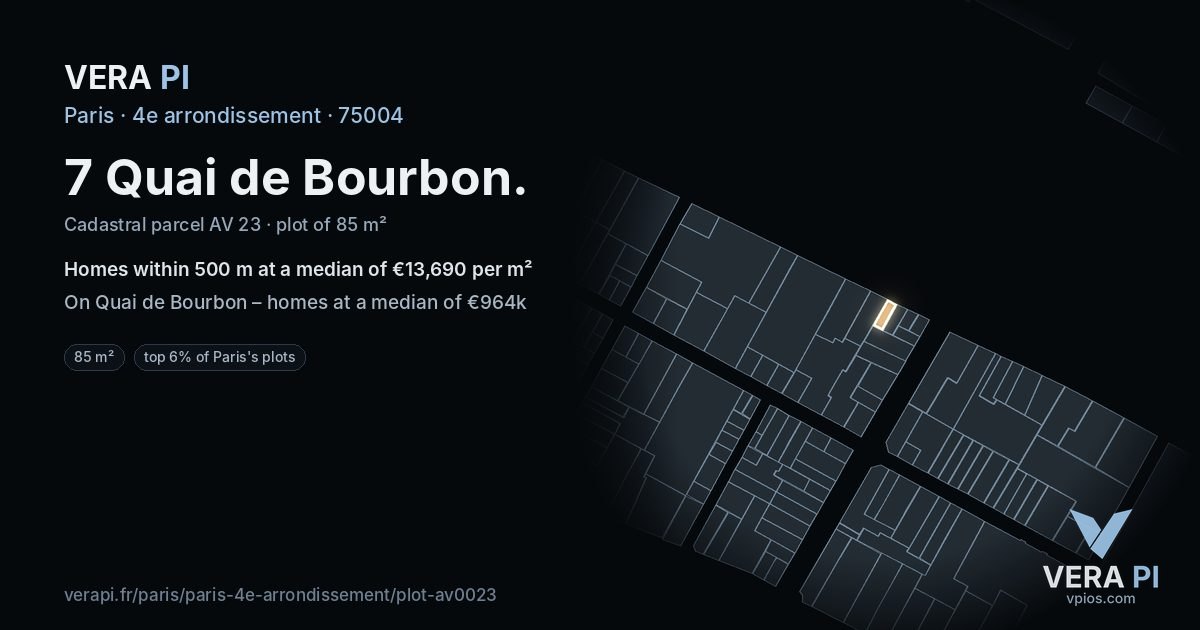 7 Quai de Bourbon, 4e arrondissement at night – the plot lit, the parcels around coloured by the prices near them