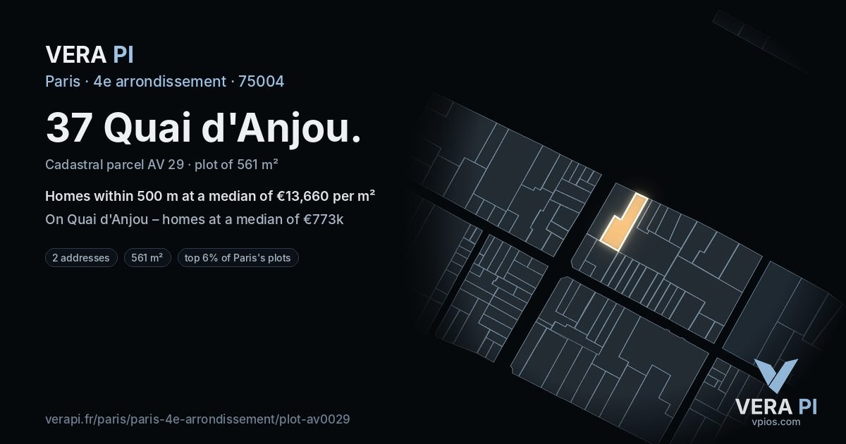37 Quai d'Anjou, 4e arrondissement at night – the plot lit, the parcels around coloured by the prices near them