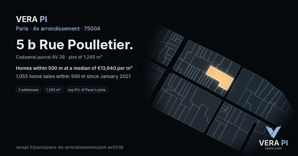 5 b Rue Poulletier, 4e arrondissement at night – the plot lit, the parcels around coloured by the prices near them