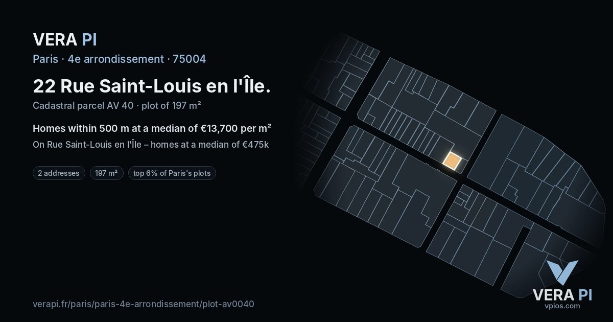 22 Rue Saint-Louis en l'Île, 4e arrondissement at night – the plot lit, the parcels around coloured by the prices near them