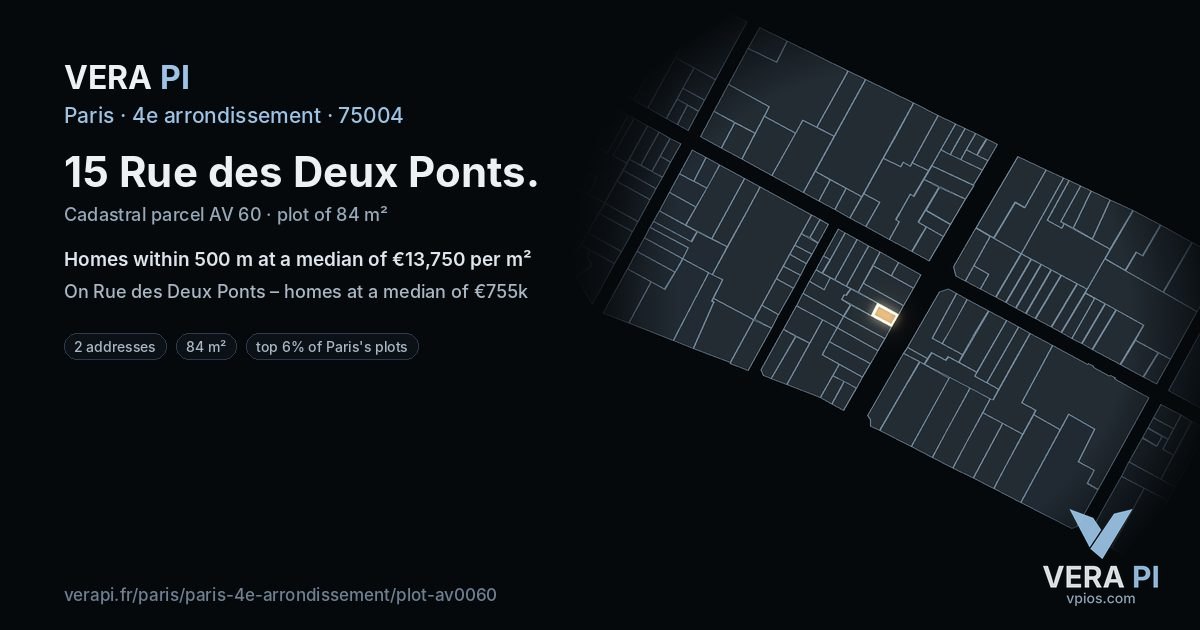 15 Rue des Deux Ponts, 4e arrondissement at night – the plot lit, the parcels around coloured by the prices near them