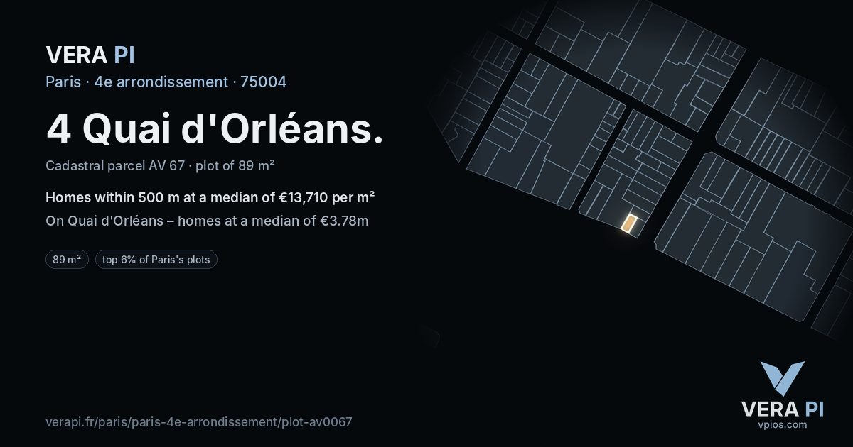 4 Quai d'Orléans, 4e arrondissement at night – the plot lit, the parcels around coloured by the prices near them