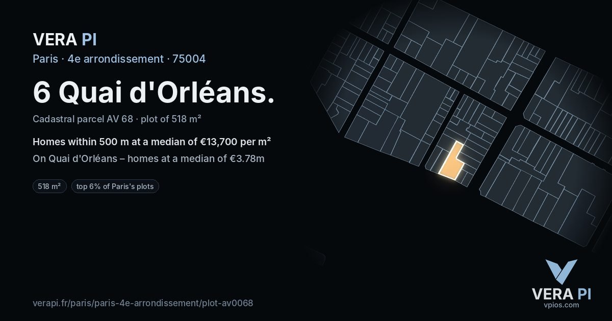 6 Quai d'Orléans, 4e arrondissement at night – the plot lit, the parcels around coloured by the prices near them