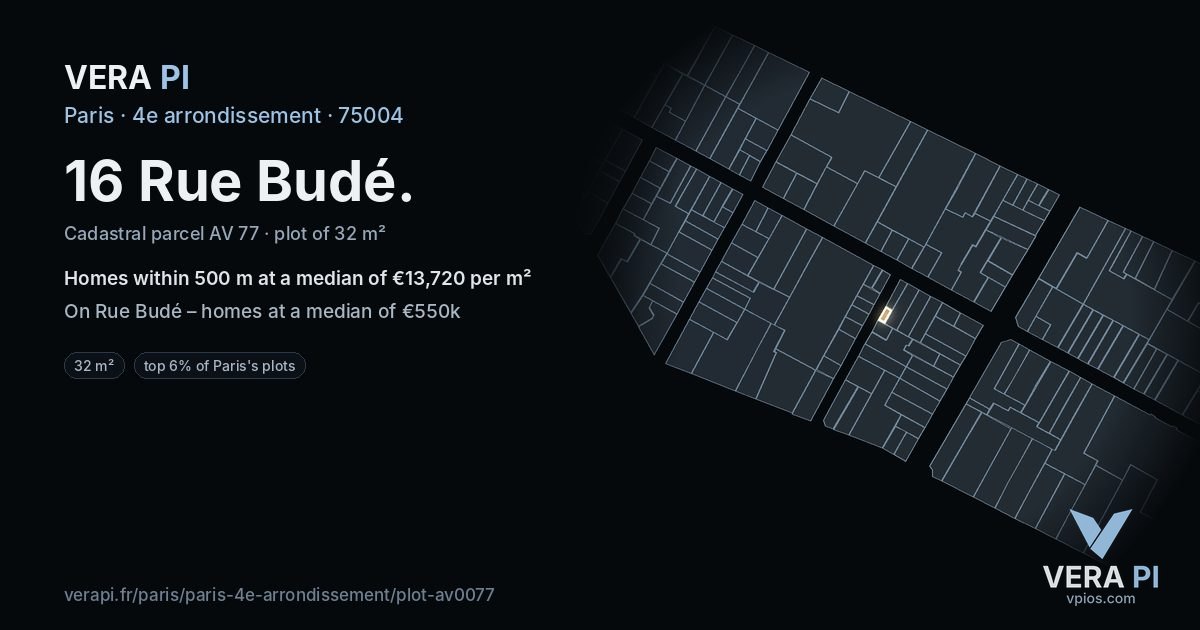 16 Rue Budé, 4e arrondissement at night – the plot lit, the parcels around coloured by the prices near them