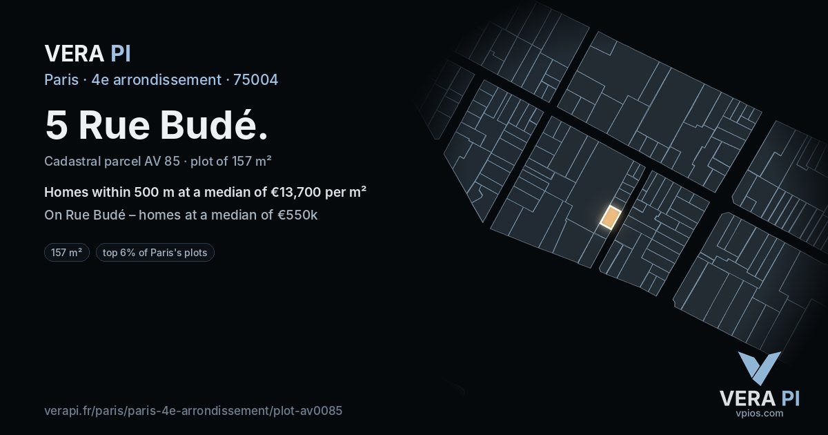5 Rue Budé, 4e arrondissement at night – the plot lit, the parcels around coloured by the prices near them