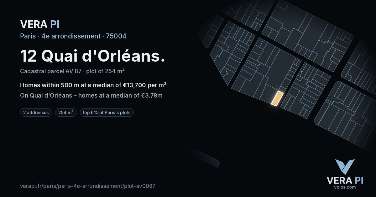 12 Quai d'Orléans, 4e arrondissement at night – the plot lit, the parcels around coloured by the prices near them