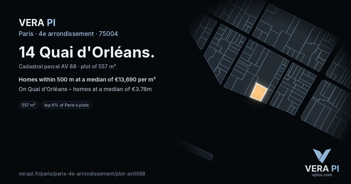 14 Quai d'Orléans, 4e arrondissement at night – the plot lit, the parcels around coloured by the prices near them