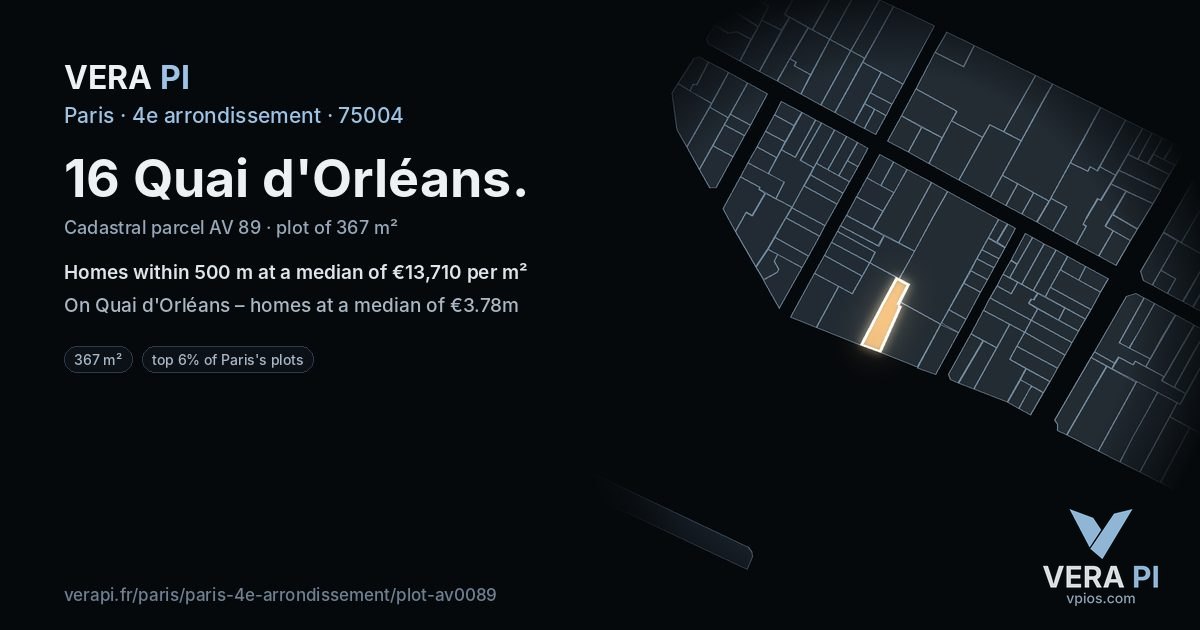 16 Quai d'Orléans, 4e arrondissement at night – the plot lit, the parcels around coloured by the prices near them