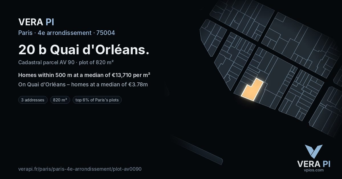 20 b Quai d'Orléans, 4e arrondissement at night – the plot lit, the parcels around coloured by the prices near them