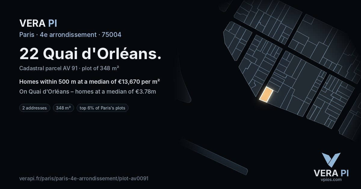 22 Quai d'Orléans, 4e arrondissement at night – the plot lit, the parcels around coloured by the prices near them