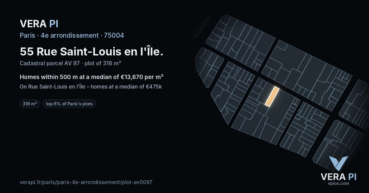55 Rue Saint-Louis en l'Île, 4e arrondissement at night – the plot lit, the parcels around coloured by the prices near them