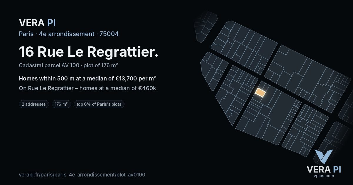 16 Rue Le Regrattier, 4e arrondissement at night – the plot lit, the parcels around coloured by the prices near them