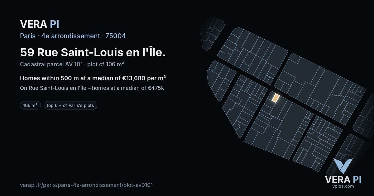59 Rue Saint-Louis en l'Île, 4e arrondissement at night – the plot lit, the parcels around coloured by the prices near them