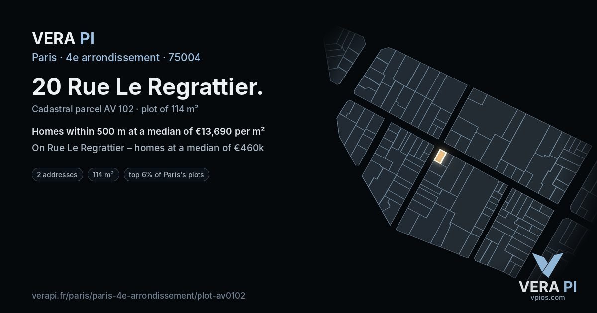 20 Rue Le Regrattier, 4e arrondissement at night – the plot lit, the parcels around coloured by the prices near them