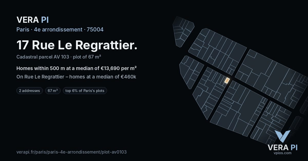 17 Rue Le Regrattier, 4e arrondissement at night – the plot lit, the parcels around coloured by the prices near them
