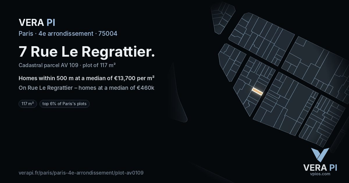 7 Rue Le Regrattier, 4e arrondissement at night – the plot lit, the parcels around coloured by the prices near them