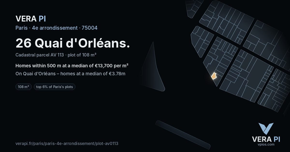26 Quai d'Orléans, 4e arrondissement at night – the plot lit, the parcels around coloured by the prices near them