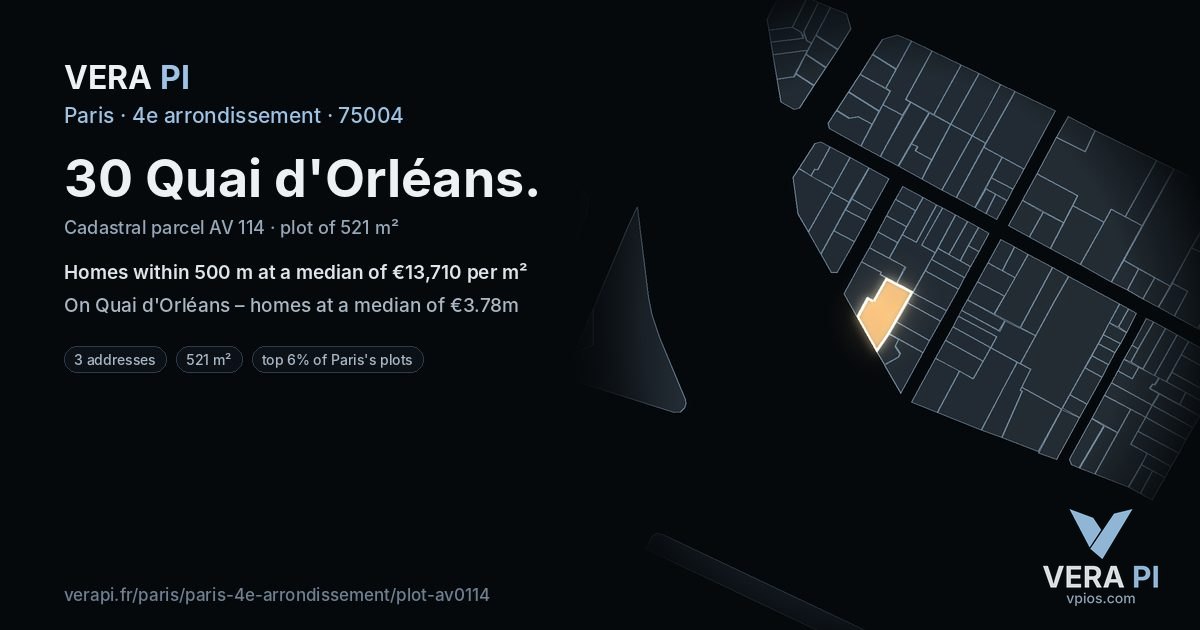 30 Quai d'Orléans, 4e arrondissement at night – the plot lit, the parcels around coloured by the prices near them