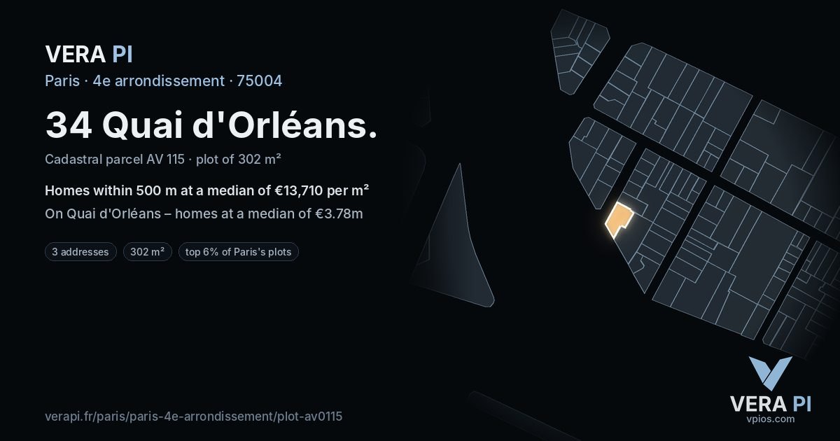 34 Quai d'Orléans, 4e arrondissement at night – the plot lit, the parcels around coloured by the prices near them